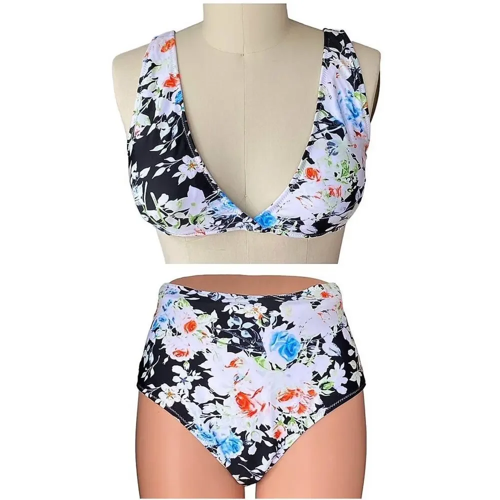 2 Piece Flower Bikini Floral Swimsuit Summer Bathing Suit ~ Womens Size LARGE